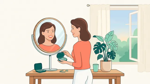 Ilustração acolhedora de jovem sorridente avaliando os cuidados com seu aparelho dentário diante do espelho em ambiente claro.