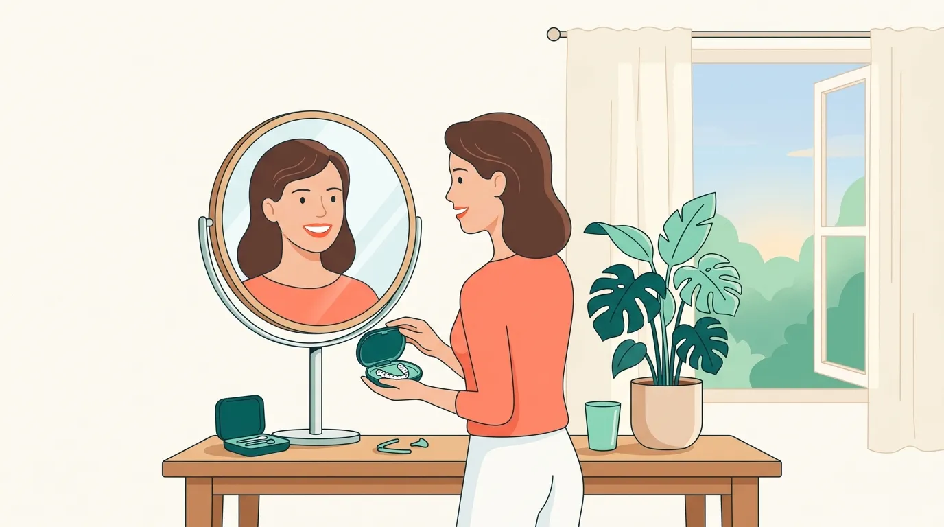 Ilustração acolhedora de jovem sorridente avaliando os cuidados com seu aparelho dentário diante do espelho em ambiente claro.