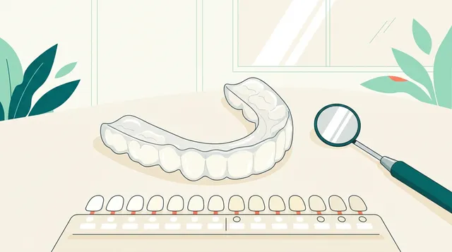 Moldeira transparente para clareamento dental com espelho clínico e escala de tonalidades ao fundo em consultório.