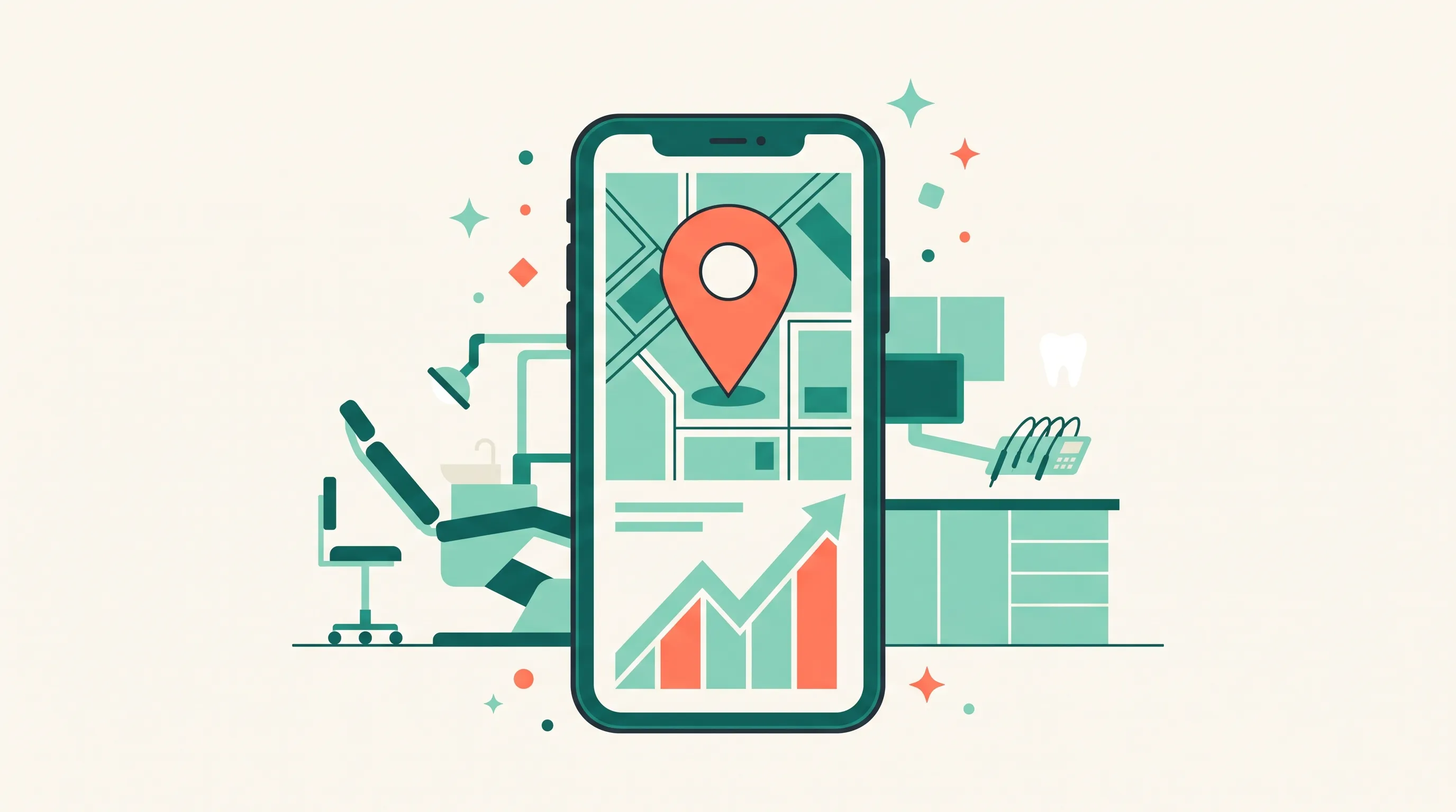 Ilustração de celular com mapa e gráfico de crescimento em frente a um consultório, representando como conseguir pacientes na odontologia