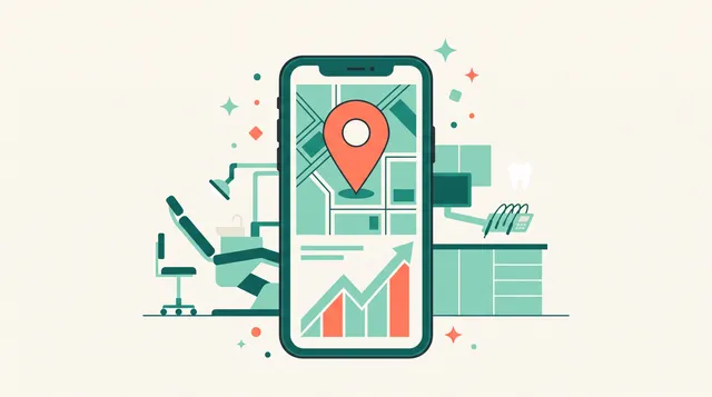 Ilustração de celular com mapa e gráfico de crescimento em frente a um consultório, representando como conseguir pacientes na odontologia