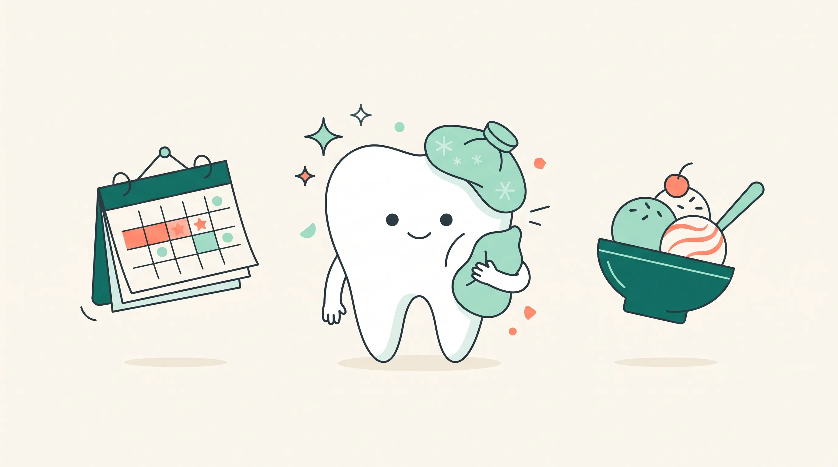 Ilustração de um dente simpático com bolsa de gelo, calendário e sorvete, representando a recuperação da extração de siso