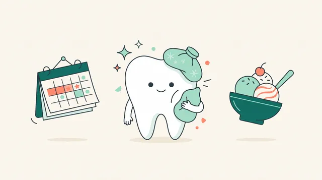 Ilustração de um dente simpático com bolsa de gelo, calendário e sorvete, representando a recuperação da extração de siso
