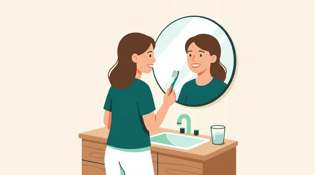 Ilustração de mulher segurando escova macia no banheiro após entender os cuidados para gengiva sangrando e saúde bucal.