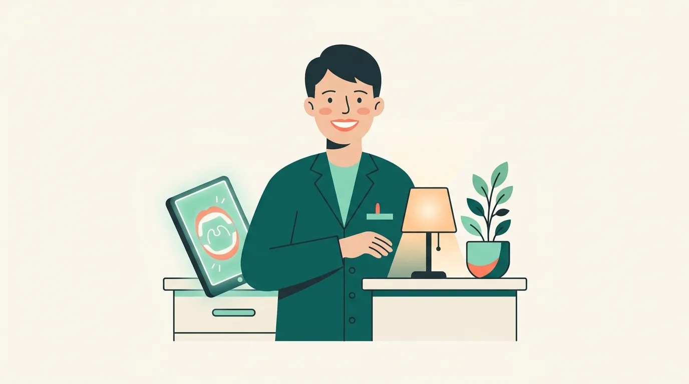 Dentista sorridente segurando tablet no consultório, ilustrando o uso do Google Meu Negócio para dentista atrair mais pacientes.