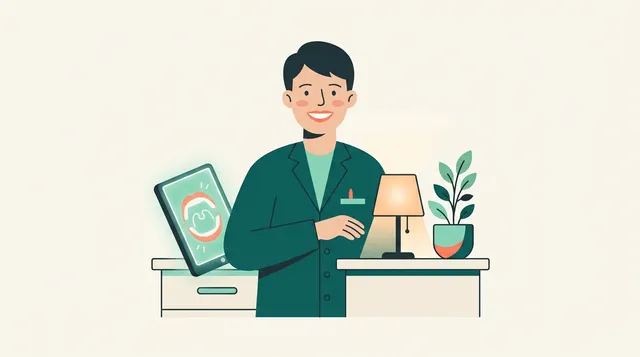 Dentista sorridente segurando tablet no consultório, ilustrando o uso do Google Meu Negócio para dentista atrair mais pacientes.