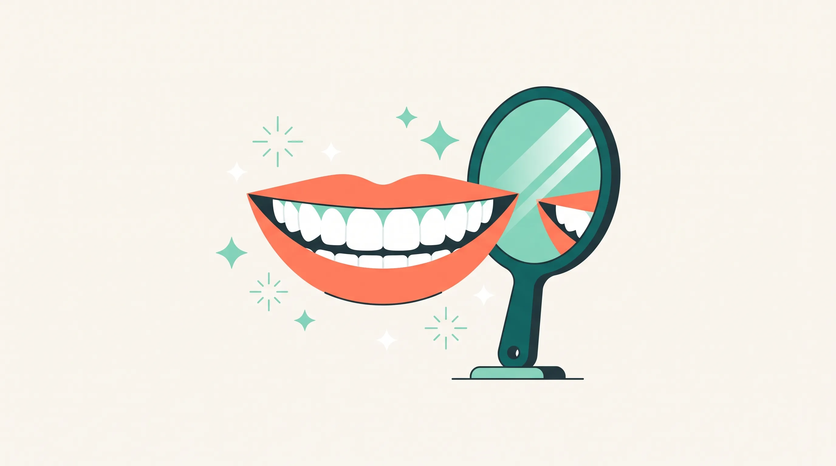 Ilustração de um sorriso com dentes brancos e brilhantes ao lado de um espelho, representando a lente de contato dental
